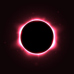 Sun full eclipse concept. Red solar glow background. Moon or planet total eclipse in dark space. Hot star surface flare with rays and beams effects. Vector illustration