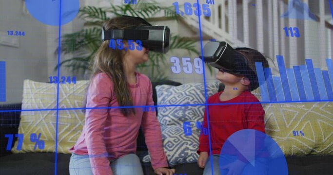 Animation of financial data processing over caucasian children using vr headsets
