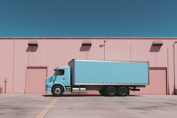 Simplistic image of a truck in a warehouse against a blue sky. Generative AI