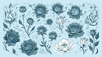 Winter Roses Botanic Illustration on a Flat Background