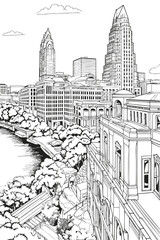 USA United States Austin cityscape black and white coloring page book for adults. US America Texas skyline, buildings, street, landmarks vector outline sketch for anti stress