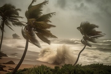 Tropical storm near the coast with swaying palm trees and massive ocean waves. Generative AI - obrazy, fototapety, plakaty