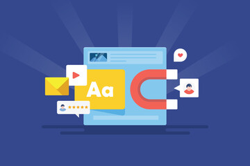 Customer retention strategy business using digital content marketing for customer attraction, internet technology vector illustration web banner.