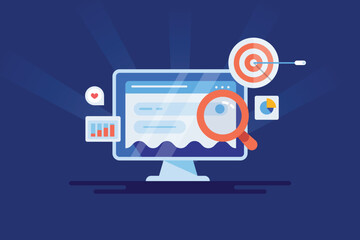 Targeting online business objective with data driven SEO and digital marketing strategy, website goal on computer screen, vector illustration web banner. - obrazy, fototapety, plakaty