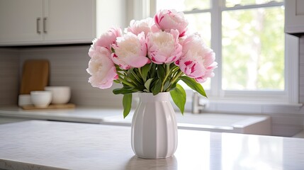 A white vase full of pink flowers is sitting on counter.