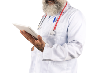 doctor consults the patient's medical history on the tablet on transparent background