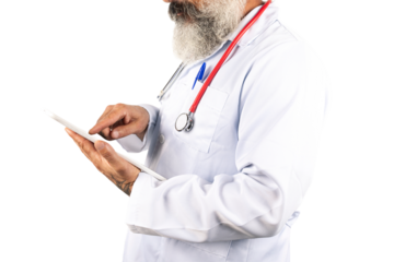 Portrait of a male doctor holding a tablet on a transparent background