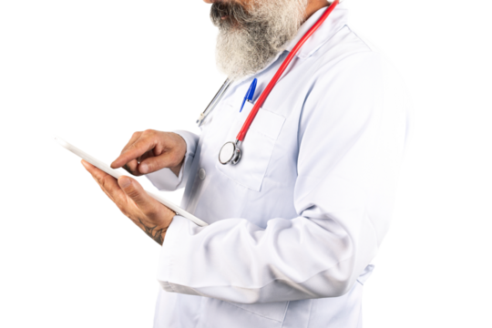 Portrait of a male doctor holding a tablet on a transparent background