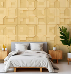 bedroom with honey wallpaper pattern.