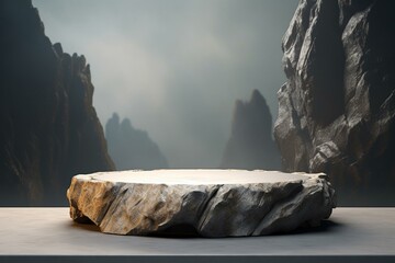 3D stone podium display, rough rock pedestal for product backdrop mountain. Generative AI