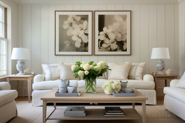 Simplicity and elegance define this serene living room with floral accents, pottery, a camera display, and a frame on a white wooden wall. Generative AI