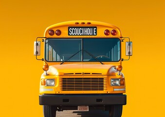 Front view of a yellow school bus. - obrazy, fototapety, plakaty