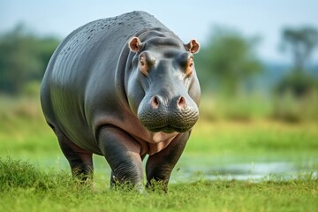 Hippopotamus Walking in a green field.