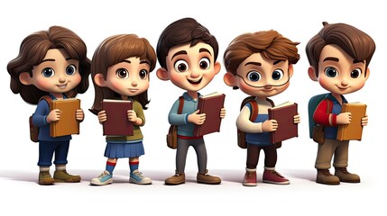 3d Cartoon children holding books in hands set isolated on white background