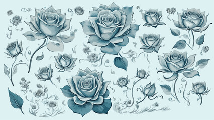 Botanical Winter Roses, Hand-Drawn Vector Set