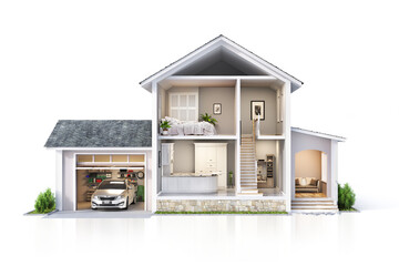 House concept. Sliced house with interior. 3d illustration - obrazy, fototapety, plakaty