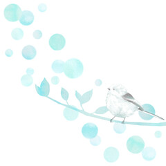 水玉が浮かび上がる背景と小枝にとまるシマエナガの幻想的なイラスト。水彩画を使用した優しい風合いの背景素材。