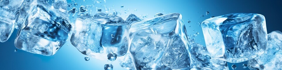 Pieces of ice and water on blue background.