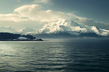 Breathtaking ocean panorama with snowy mountains in the background. Generative AI
