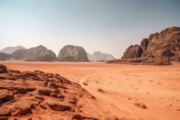 Wadi Rum desert and Jabal al Qattar mountain with red sand. Generative AI - obrazy, fototapety, plakaty