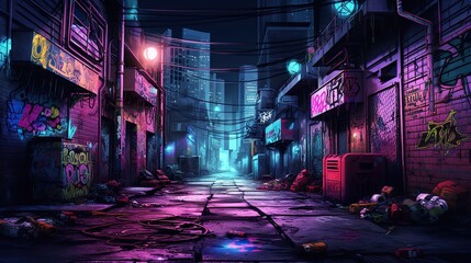 Street in cyberpunk city, alley with neon light and graffiti