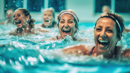 Active women enjoying aqua fit class in a pool, displaying joy and camaraderie, embodying a...