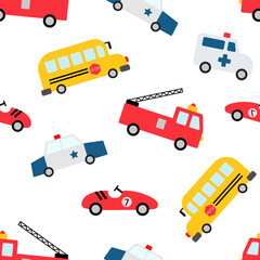 Seamless childish vector pattern with hand drawn cartoon cars. Cute pattern for fabric, wrapping, textile, wallpaper, apparel. Fire truck, racing car and school bus