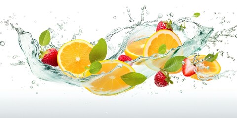 Swirl water splash with fruits. liquid flow with ice cubes and a mix of fresh fruits.