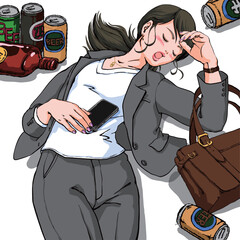 泥酔しているパンツスーツ姿の若い女性 © ca va