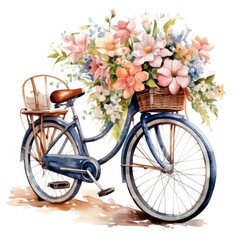 Watercolor bicycle with flowers in the basket isolated on white background.