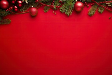 Obraz na płótnie Canvas Christmas or New Year red background with fir decor.