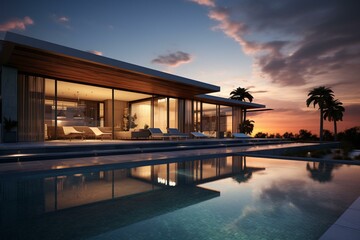 Contemporary house with swimming pool at sunset. Generative AI