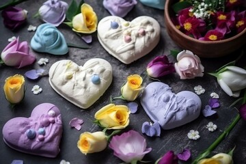 Heart-shaped meringue cookies and flowers arranged diagonally. Generative AI