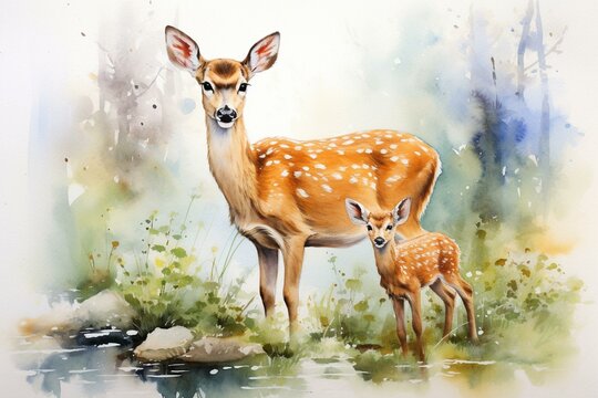 Watercolor Painting Of Deer And Fawn. Generative AI