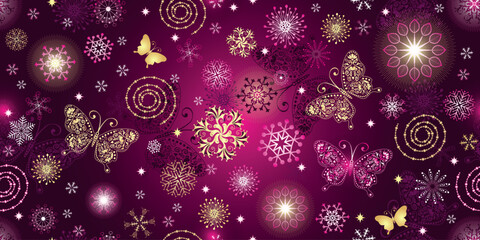 Vector seamless hand drawn christmas dark purple pattern with openwork butterflies and golg snowflakes - obrazy, fototapety, plakaty