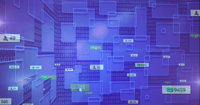 Animation of social media icons over square shapes and binary coding against blue background