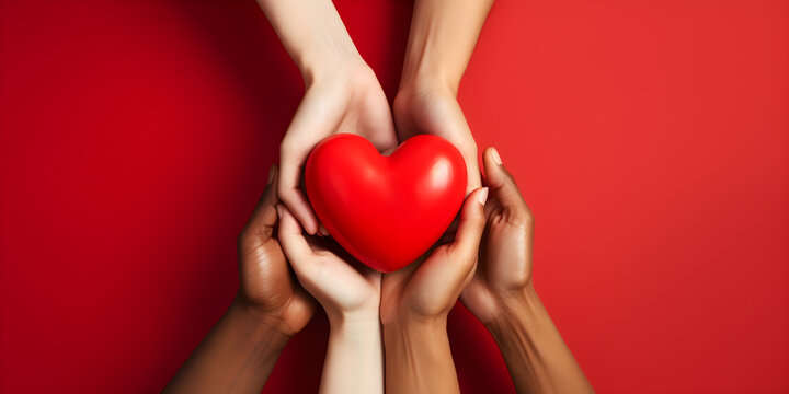 hands holding red heart isolated on red background with copy space
