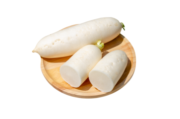 fresh large white radish on a wooden plate. Top view. on transparent background