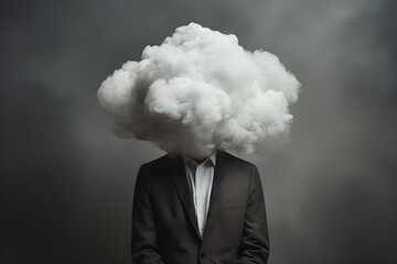Man with cloud over his head depicting solitude and depression, abstract concept of loneliness and anxiety