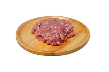 Raw fresh minced pork on a wooden plate on transparent background, side view