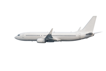 White passenger jetliner flies isolated