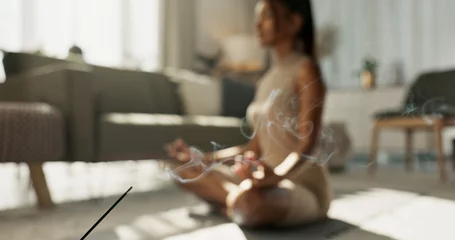 Foto auf Acrylglas Woman, yoga and incense on floor, lotus or peace for chakra balance, relax or breath in home living room. Girl, meditation or spiritual with zen, smoke or workout for wellness, fitness or mindfulness © N Felix/peopleimages.com