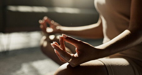 Meditation, hands woman in lotus pose on a floor for peace, zen or mental health wellness at home....