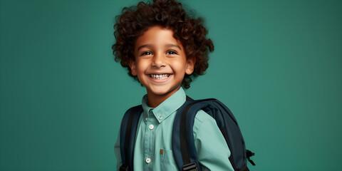boy student with backpack smiling for back to school, isolated on green studio background