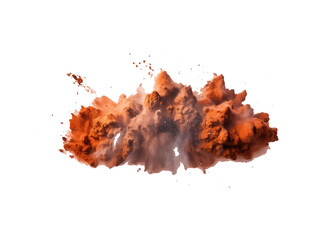 Dirt dust isolated on white background and texture. Dry soil explosion isolated on white background. Brown dust explosion cloud. Brown particles splatter on white background.
