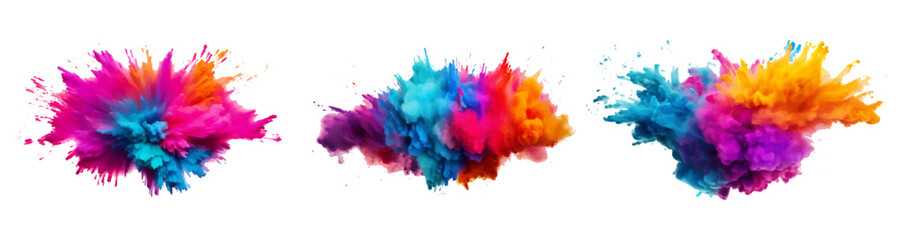 colorful vibrant rainbow Holi paint color set powder explosion with bright colors isolated white background.	