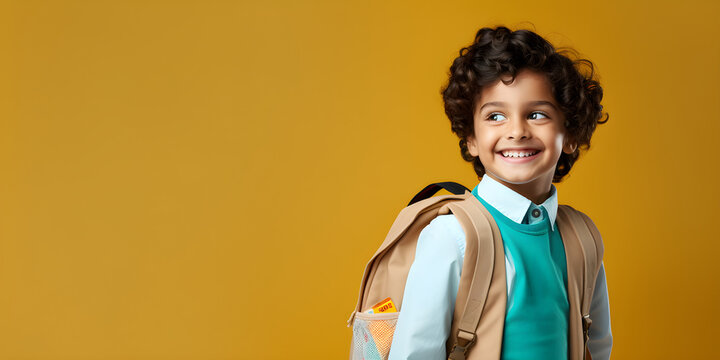 boy student with backpack smiling for back to school, isolated on yellow studio background with copy space