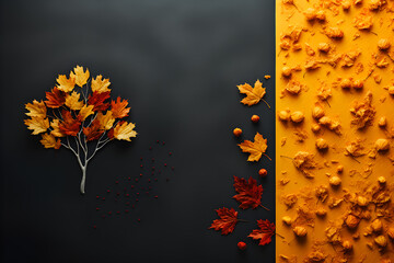 autumn background with a beautiful tree from which leaves are falling, top view, generative AI