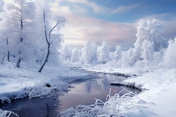 Winter landscape with icy trees and frosty pond. Generative AI