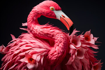 Pink flamingo in 3D style on a pink background, generative AI